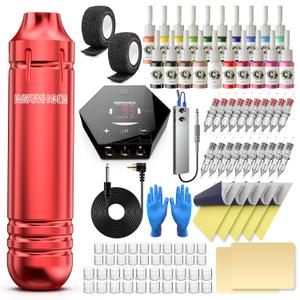 Wormhole Tattoo Kit Tattoo Gun Kit Tattoo Machine Kit for Beginners Tattoo Gun 20 Color Inks Power Supply Tattoo Pen Kit Red