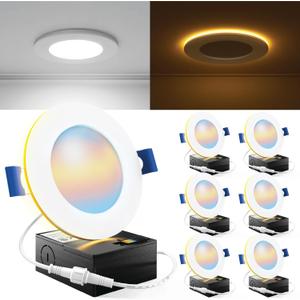 Sunco 6 Pack 4 Inch LED Recessed Lights with Night Light, Slim Ceiling Lighting, 900 LM, 11W (110W Equiv), Selectable CCT 2700K/3000K/3500K/4000K/5000K, Dimmable, Canless with Junction Box ETL