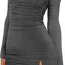 HYPERFIRE Women's Long Sleeve Mock Neck Ruched Bodycon Dress Cocktail Party Club Mini Dresses Going Out (Large, Grey)