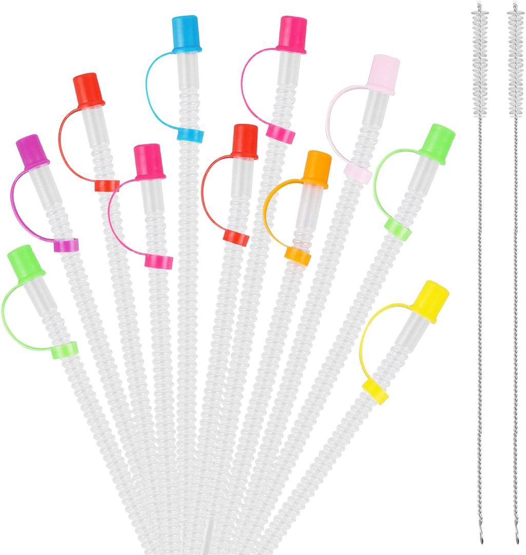 Multifunctional 24 Pack Bendable Straws and Covers. 11 Inch Long Flexible Straws. Reusable with Colored Caps and 2 Straw Cleaning Brushes