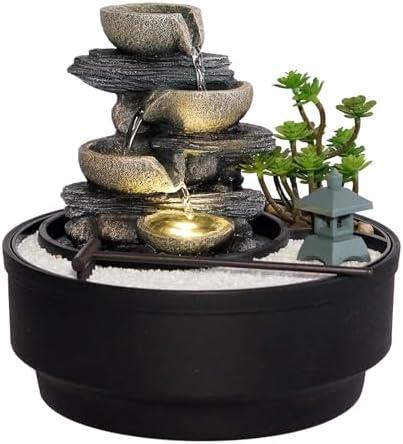 Bumilgar Indoor Tabletop Water Fountain with LED Lights & Pagoda, 4-Tier Rock Cascading Design, Artificial Flowers, White Stones and Rake, Zen Decor for Office/Living Room/Bedroom/Study (8.5" H)