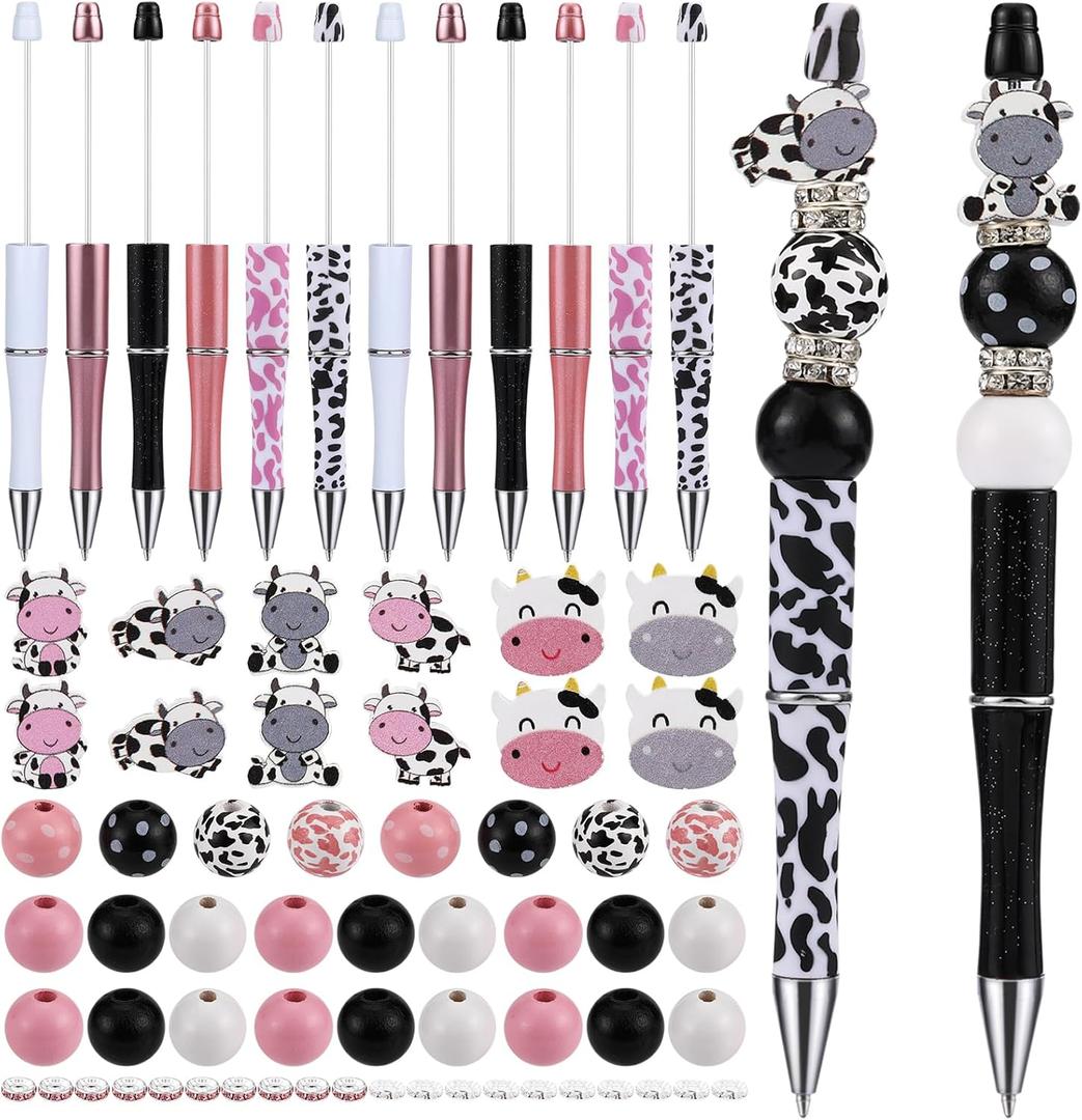 12 Set Plastic Bead Pen Beaded Pens Kit DIY Pens Making Kit With Round Wooden Beads Rhinestone Spacer Beads Shaped Wooden Beads Cute Beaded Pen for Students Schools Office Supplies(Cow)