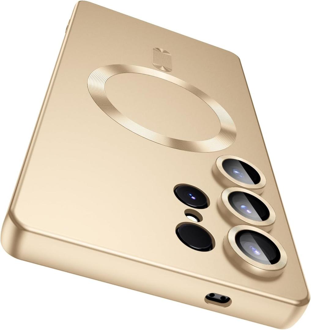 Magnetic for Samsung Galaxy S25 Ultra Case [Compatible with MagSafe][Built-in Camera Lens Protector] Slim Soft Silicone Bumper Shockproof Metallic Luster Phone Shell (Gold)