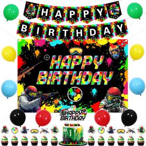 Funmemoir Paintball Birthday Party Decorations, Happy Birthday Banner, Backdrop, Cake Topper, Cupcake Toppers, Balloons for Game Paint Splatter Birthday Party Supplies