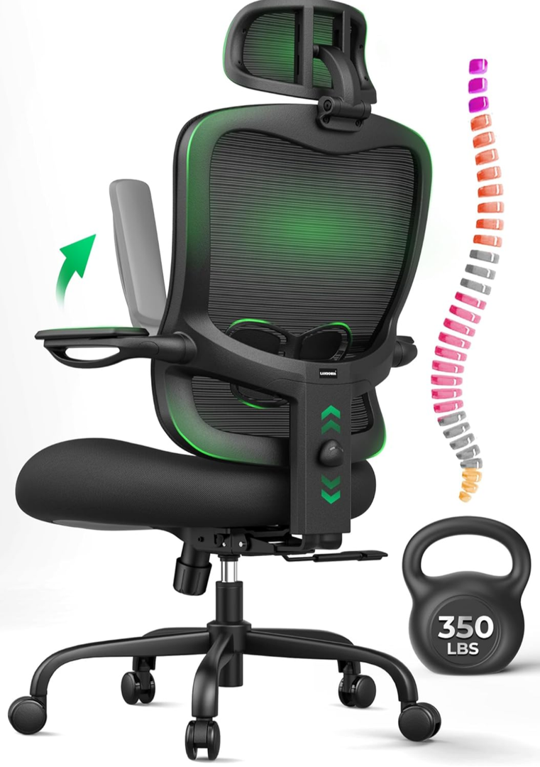 Ergonomic Office Chair Big and Tall - 350LBS Capacity, 6'5" Tall Max, Computer Desk Chairs Over 10 Hours Comfortable, with Adjustable Mesh High Back, Lumbar Support, 3D Headrest, Flip-up Arms