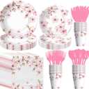 APOWBLS Cherry Blossom Flowers Party Decorations Tableware, Cherry Blossom Party Supplies For Birthday, Baby, Bridal Shower, Plate, Cup, Napkin, Cutlery, Spring Floral Table Decorations, Serves 24