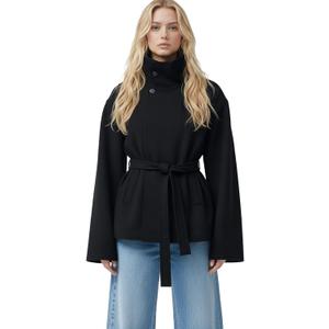 Women Cropped Trench Coat Funnel Neck Wool Jackets Oversized Belted Pea Coats Fall Winter Trendy Casual Outfits 2025 (Small, Black)