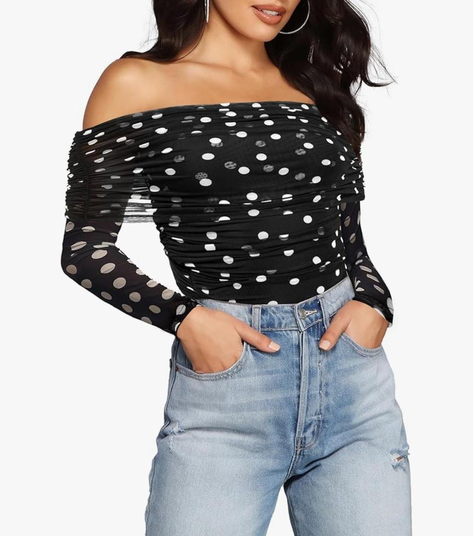 SAUNGKUAI Women's Off The Shoulder Long Sleeve Bodysuit Sexy Slimming Body Suit Tops Sheer Mesh Ruched Fall Outfits 2025.XXL