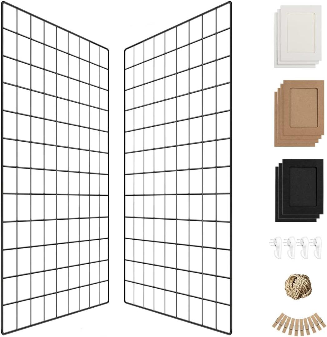 PAMANO Wall Photo Grid Shelf, Wall Hanging Ins Art Display Grid Panel for Decor & Storage, Metal Wire Notice & Memo Board, Mesh Tool Organiser Frame 2 Pcs (Black, 25.6 x 17.7 inches)