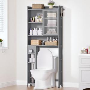 Over The Toilet Storage Cabinet with Acrylic Door Panel and Paper Towel Drawer, Bamboo Space Saver Shelf, Bathroom Organizer Rack Above WC (Without Power Strip, Grey)