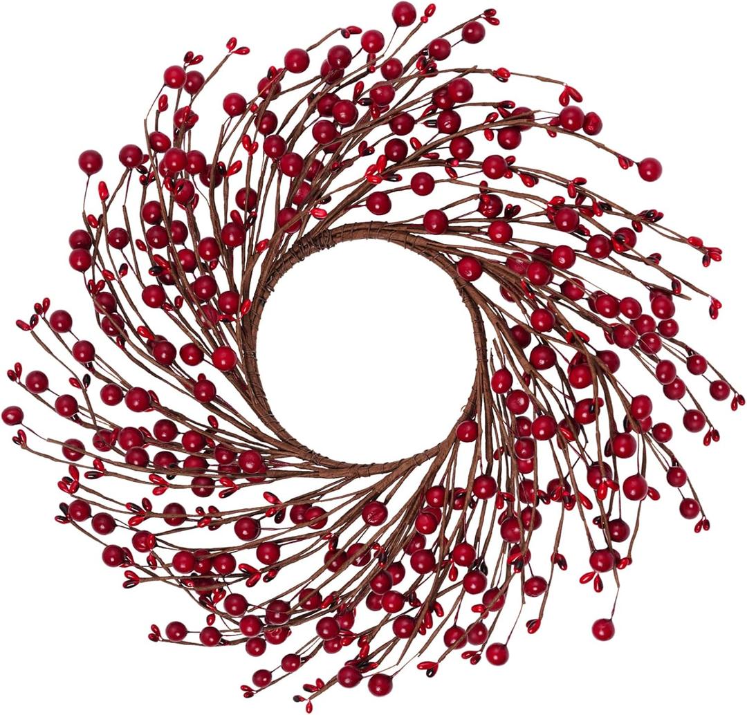 12 Inches Berry Wreath Pip Berries Wreath Winter Artificial Twig Wreaths for Festival Celebration Home Farmhouse Front Door Wall Window Home Office Decor Housewarming Gift (Red)