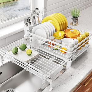 SNTD Dish Drying Rack  Extendable Dish Rack, Large Sink Drying Dish Drainer for Kitchen Counter, Stainless Steel Dish Strainer with Utensil Holder (White)