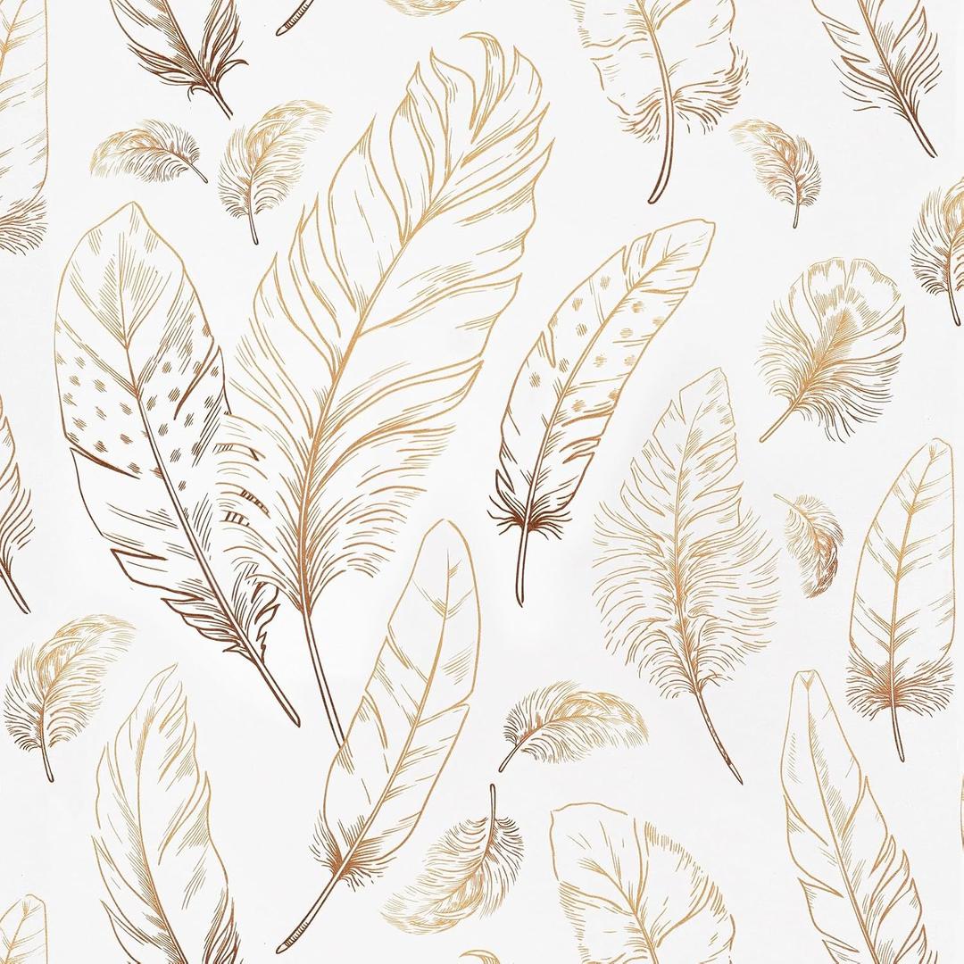 Feather Peel and Stick Wallpaper 17.3"120" Gold White Contact Paper Modern Feather Wallpaper Self-Adhesive Vinyl Wall Paper Waterproof Contact Papers Shelf Drawer Liner Roll for Bedroom Living Room