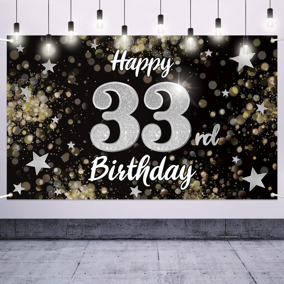 Happy 33rd Birthday Decorations,33rd Black & Silver Dream Star Large Birthday Banner Backdrop Sign - Cheers to 33 Years Old Bday Party Decoration.