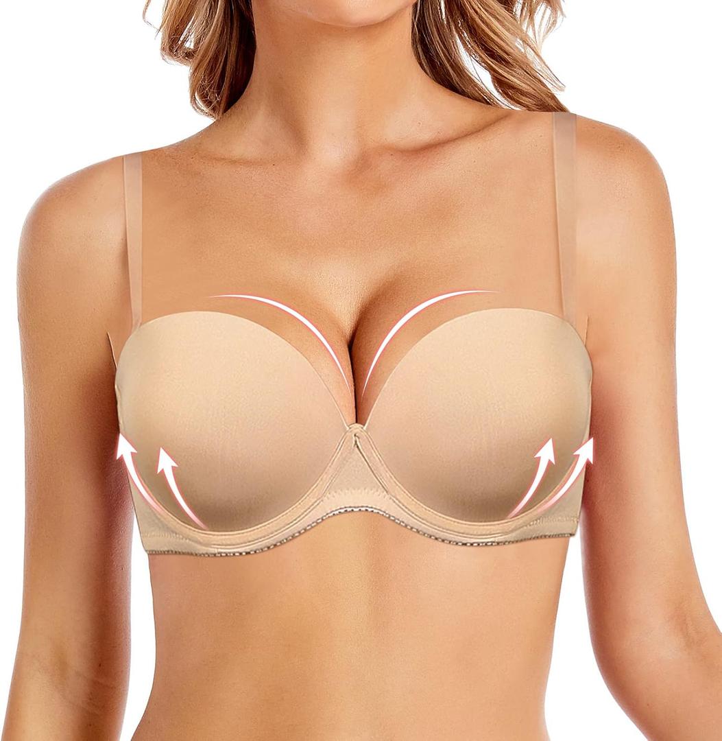 Women's Strapless Push Up Bra Underwired Thick Padded Low Cut T-Shirt Convertible Supportive Bras with Clear Straps (36C, Beige)