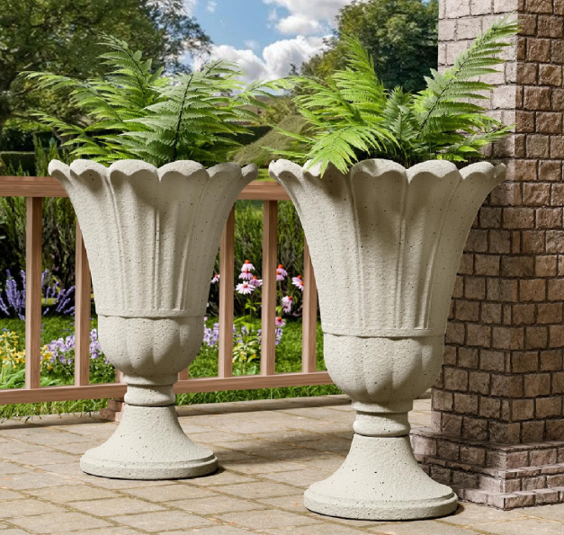 Tall Plastic Urn Planters and Pedestal - 24" Outdoor Planter Beige
Weather-Resistant Plastics HDPE Material with Drainage Holes, Modern Petal Design Vase, Large Flower Pot Porch Door, Set of 2