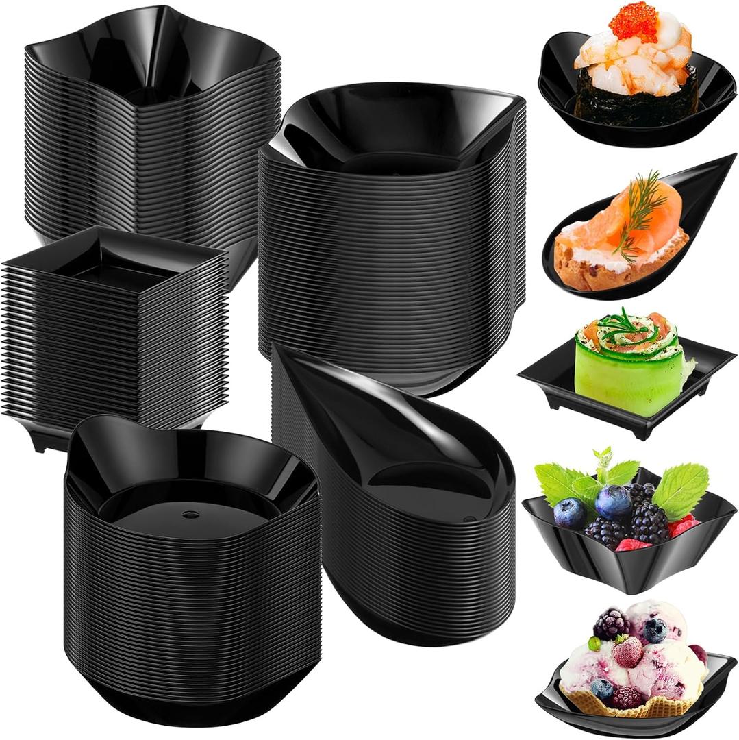 Tessco for you 100 Pcs Mini Appetizer Plates Set, Disposable Dessert Plates Assorted Shape Mini Plastic Spoons for Wedding Party Birthday (Black)