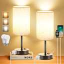 ZJOJO Table Lamp for Bedroom Set of 2, Bedside Small Lamps with 3 Way Dimmable Rocker Switch and AC Outlet, Nightstand Desk Lamp with Flaxen Fabric Shade Black Base for Living Room Home Decor Lights (14.5inch)