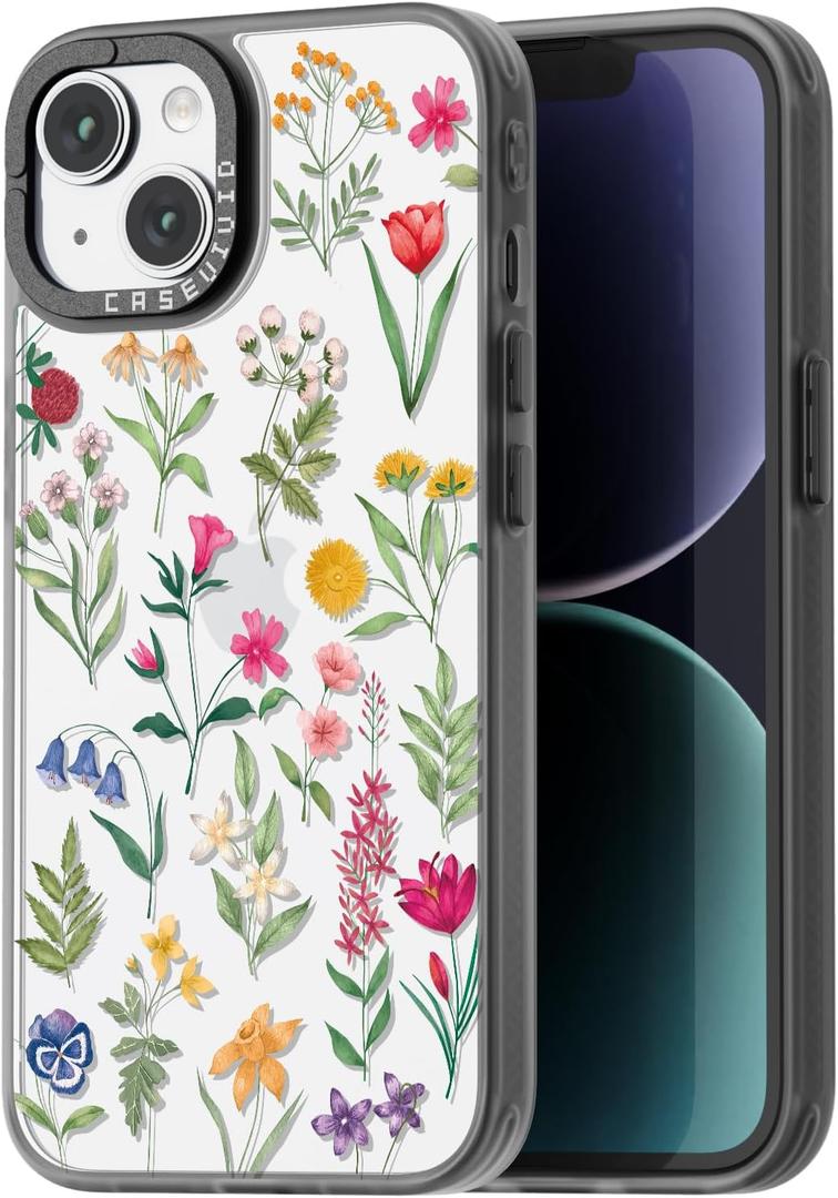 Compatible for iPhone 15 Case Cute Aesthetic - Durable Fashion Funny Phone Case - Girly Nature Flower Floral Pattern Print Cover Design for Woman Girl 6.1 inches Black