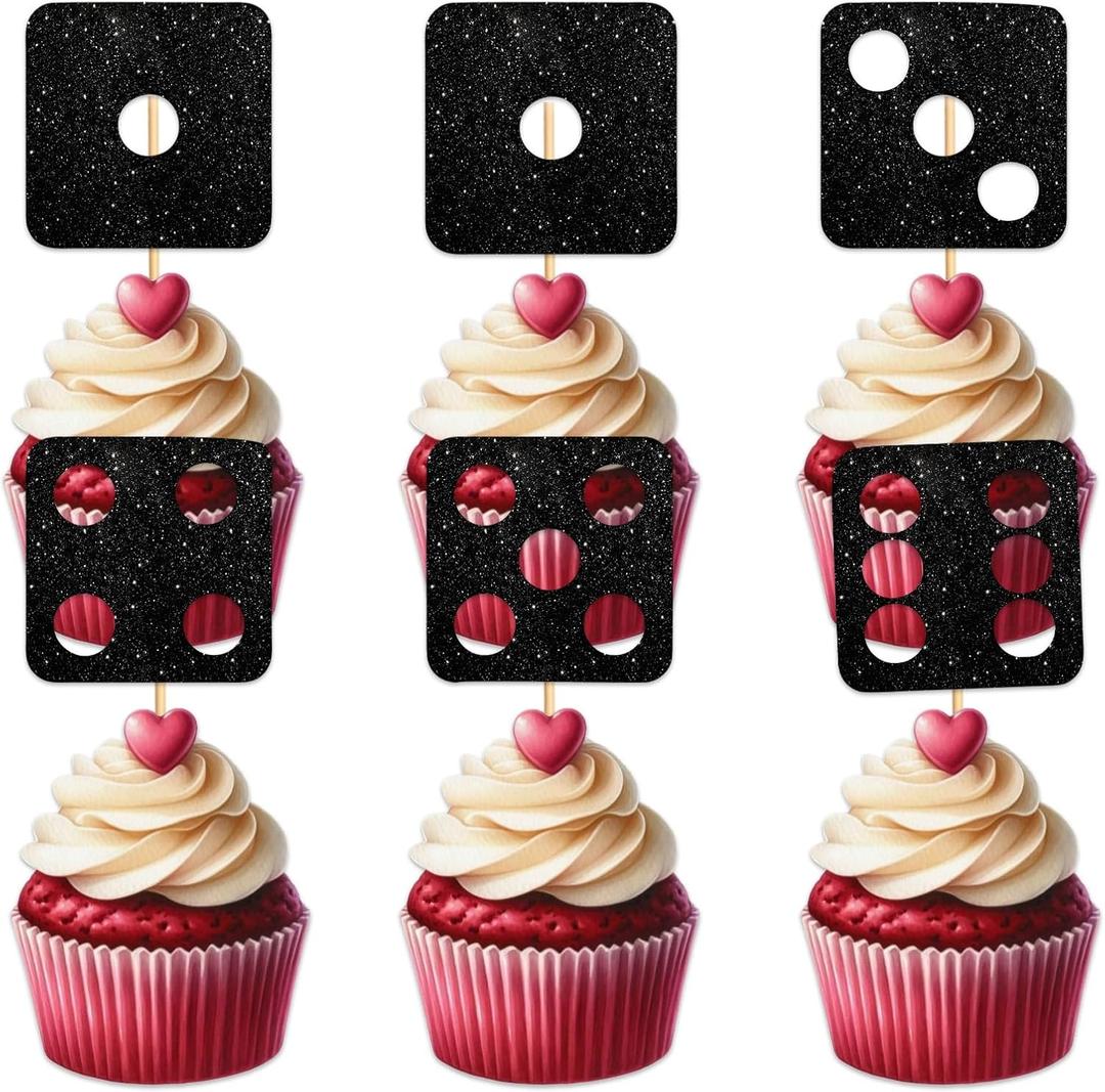 W Dice Cupcake Topper for Gambling Casino Theme Party Favors Decorations Cheer to Men Women Happy Birthday Party Decor Supplies set 18pcs Black Glitter