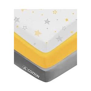 American Baby Company 10 3 Packs 100% Natural Cotton Fitted Crib Sheets 52" x 28" - Soft, Breathable, Hypoallergenic & Gentle Toddler Bed Sheets, Yellow Star/Yellow/Gray, Neutral for Boys & Girls