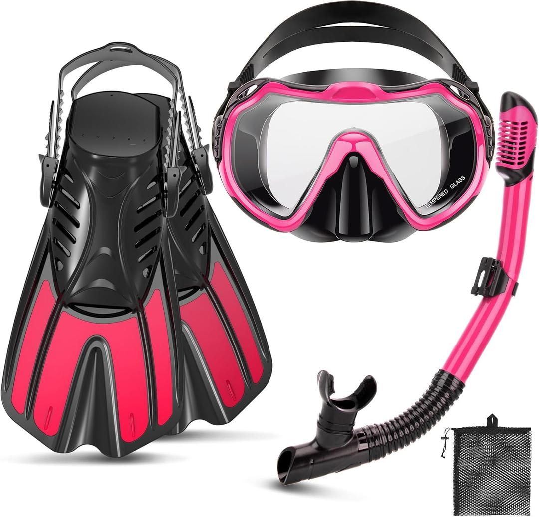 Snorkeling Gear for Kids Adults, 4 in 1 Travel Mask Fins Snorkel Set with Panoramic View Anti Fog Mask, Dry Top Snorkel, Trek Fins and Travel Bag, Snorkel Gear for Swimming Diving Snorkeling (Pink)