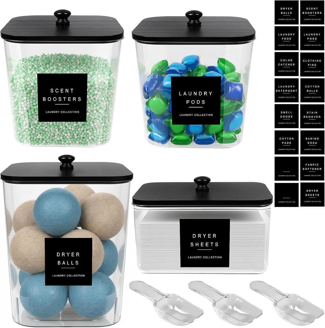 4 Pack Laundry Pod Containers and Dryer Sheet Holder Acrylic Jars with Bamboo Lids and Labels Laundry Room Organization Containers for Scent Booster Powder Detergent Pods Storage (2+1+1 Pack)