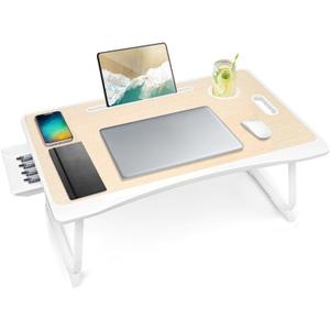 Amaredom Laptop Bed Desk Tray Bed Table, Foldable Portable Lap Desk Notebook Stand Reading Holder with Storage Drawer and Cup Holder for Eating Breakfast on Bed/Couch/Sofa-White Oak