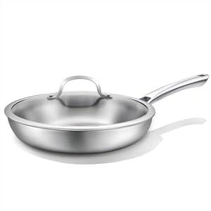 VocVoi 12 inch Tri-Ply Stainless Steel Frying Pan with LID,PFOA&PTFE Free Skillets,Chef's Pans,Dishwasher and Oven Safe Cookware, Works on Induction,Ceramic and Gas Cooktops