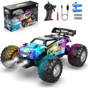 Remote Control Car, All Terrain Remote Control Truck for Boy, 2.4GHz Rc Car with Bodylight and Two Rechargeable Batteries, 20KM/H Monster Truck Toys (Blue)