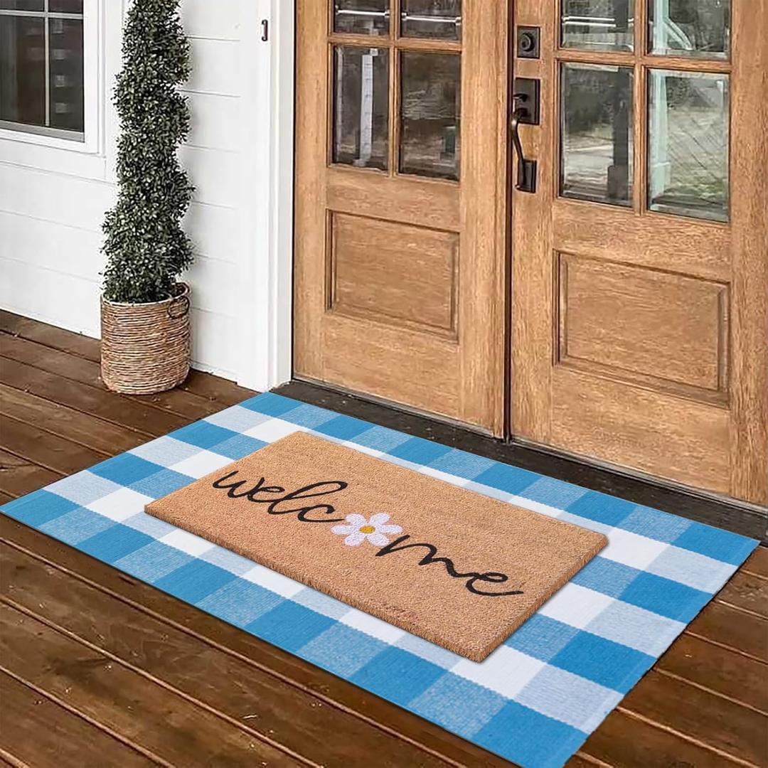 Spring Welcome Door Mats Combo Set, 100% Coco Coir Doormat with Welcome & Flower + 28" x 43" Blue and White Plaid Rug, Front Porch Entryway Decor Indoor Outdoor Floor Easter Mats