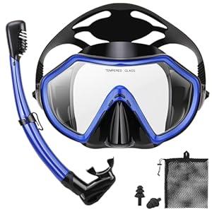 Snorkeling Gear for Adults, Dry Adult Snorkel Set HD Panoramic View Snorkel Mask Set, Anti-Leak and Anti-Fog Scuba Diving Package with Mesh Bag Ear Plug for Snorkeling Scuba Diving Travel (Blue/Transparent)