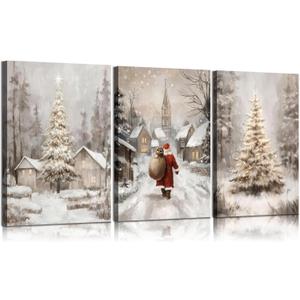 3Pcs Christmas Winter Snow Scene Canvas Wall Art Pine Trees Landscape Wall Decor Picture Retro Country Cabin Snowy Poster Prints for Bedroom Living Room Kitchen Home decorations Framed (12inx16in)
