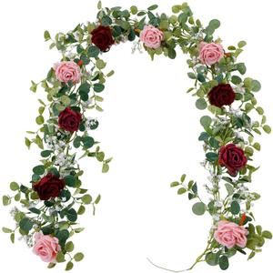 Anna's Whimsy 5.91FT Artificial Eucalyptus Garland with Flowers, Fake Rose Gypsophila, Faux Floral Garland Greenery for Wedding Spring Party Art Table Runner Decor (Pink, 1)