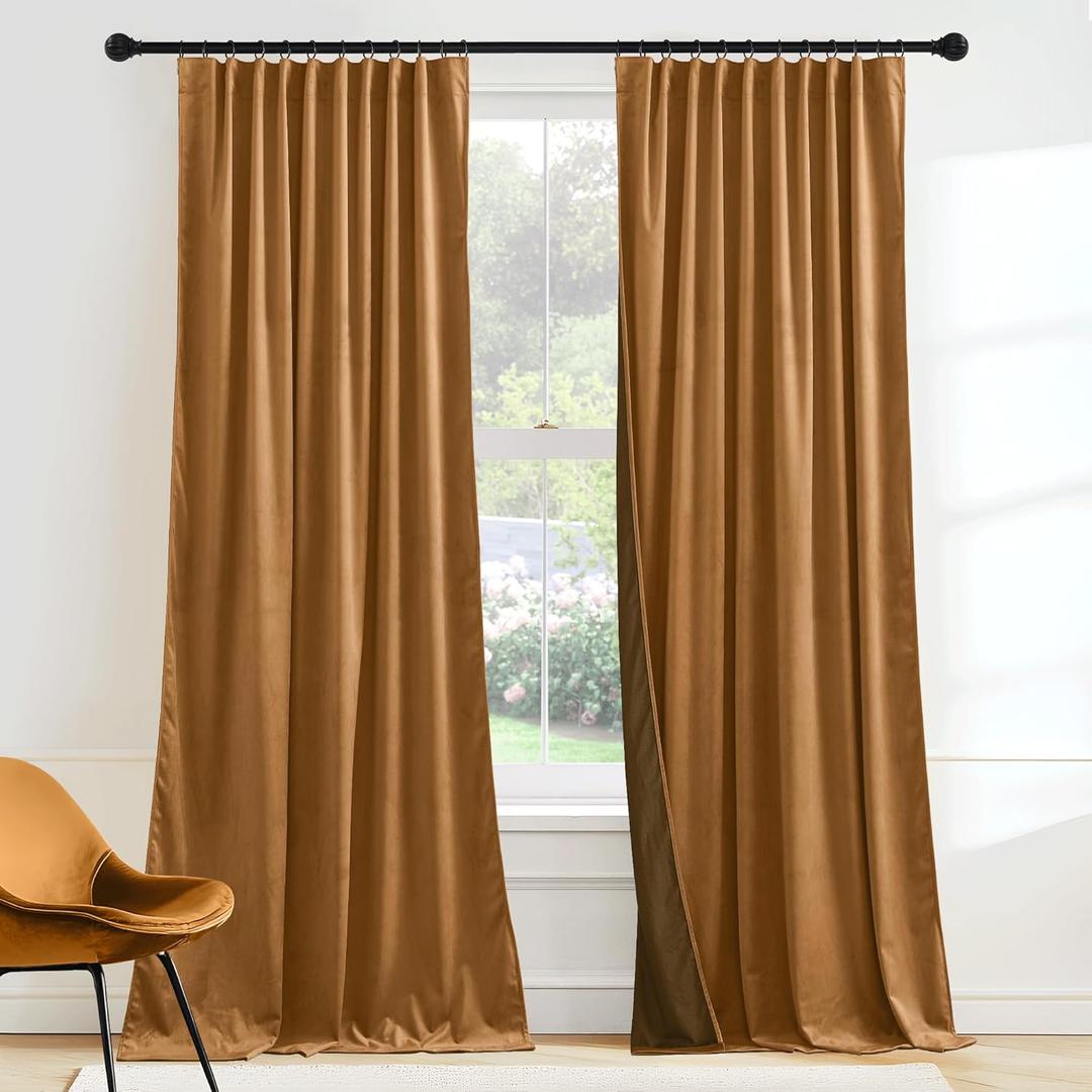RYB HOME Luxurious Bronze Velvet Curtain Panels for Living Room Bedroom, Heavy Duty Thermal Insulated Floor-Length Velvet Drapes with Hook Belt for Vintage Decor, 52" W x L84 L, 2 Panels Set