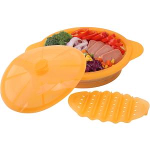 Microwave Steamer Cooker Collapsible Bowl-Silicone Steamer Cookware with Handle Lid for Vegetables Fish Prep Meal Food with Removable Rack BPA Free, Easy to Store, Freezer & Dishwasher Safe, Orange (Small)