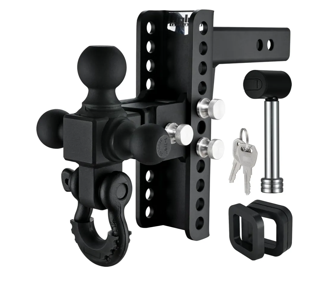 Adjustable Trailer Hitch, 8" Drop Hitch Fits 2-in Receiver, Heavy Duty Tow Hitch with Tri-Ball & Rotatable Shackle, 1-7/8" & 2" &2-5/16" Ball, Black