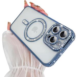 SAKUULO Magnetic Case for iPhone 16 Pro Max 6.9inch Clear Plating,Blue | Compatible with MagSafe,Glitter Sparkly Diamonds Rhinestone with Camera Protector Slim Shockproof Protective Women Girls