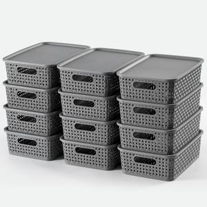 NETANY [ 12 Pack ] Plastic Storage Baskets With Lids, Small Pantry Organization, Stackable Storage Bins, Household Organizers for Cabinets, Countertop, Drawers, Under Sink or On Shelves,Gray