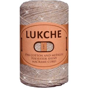 2mm Cotton Sparkle Macrame Cord 224 Yards, 8.80 Oz, Colorful Crochet Macrame Cord for Wall Hangings, Bags, Plant Holders, Carpets, Polypropylene Supplies (Beige Gold 1)