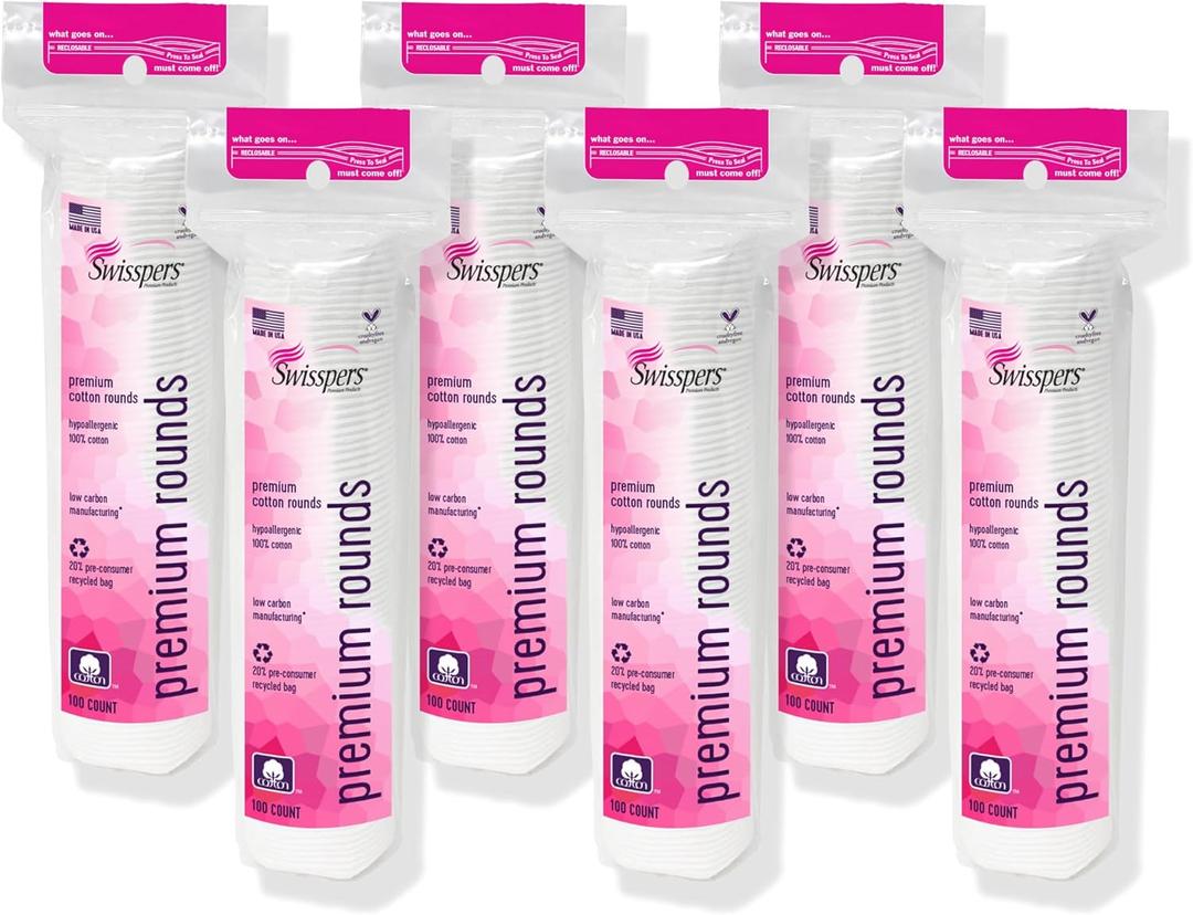 Swisspers Premium Cotton Rounds, Dual Sided Pads - 100 Pads (Pack of 6) - 100% Pure Chlorine-Free Cotton, Hypoallergenic & Dermotologist Tested - Cotton Pads for Makeup & Nail Polish Removal