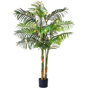 5FT Artificial Palm Tree Tall Plant with Planter & Moss, Realistic 2-Trunk Artificial Tree with Lights, Lifelike Leaves Fake Palm Tree, Low Maintenance Palm Tree Decor for Home Office Living Room