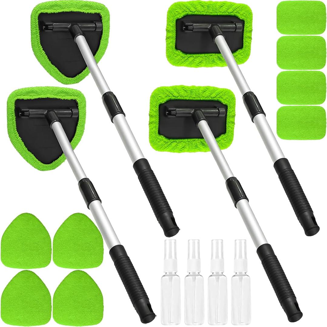 Beieverluck 20 Pieces Windshield Cleaner Tool, Inside Car Windshield Cleaning Tool with 12 Microfiber Pads, 4 Spray Bottle, and Extendable Handles Car Window Cleaning Tool Kit, Green