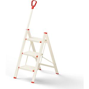 ASPERALD 3 Step Ladder with handrails,Foldable Step Stool with Anti-Slip Wide Pedals for Home Kitchen Closet,3 Step Ladder Folding Step Stool Long Handle White