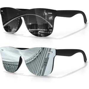 LINVO Trendy Polarized Mirrored Sunglasses Men Womens, Flat One Piece Reflective Shades for Driving Fishing UV400 Protection (2pack Black Frame | Grey Lens + Black Frame | Silver Lens)