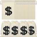 MAQUITA 20 Pcs Canvas Money Bag Pouch with Drawstring 9 x 6.3 Inches Carrying Sack Money Bag Prop with Dollar Sign for Birthday Halloween Cosplay Theme Party Supplies (Beige)