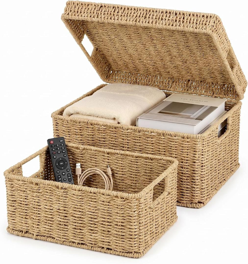 Wicker Storage Basket with Lid - Woven Basket for Storage,Rectangular Decorative Boxes Bins with Lids for Shelves,living room, Nursery, 2 baskets+1 lid(Natural)