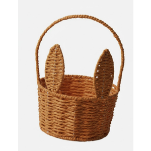 Easter Bunny Basket with Handle Handmade Wicker Bunny Ears Picnic Basket Sturdy Rattan Woven Rabbit Storage Container for Easter Gifts Egg Hunt Flower Candy Organizer Spring Party Decor