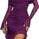 BeryLove Women's Sexy Sequin Prom Cocktail Dress Ruched Bodycon Off Shoulder Formal Party Long Sleeve Dresses (Medium, Purple)