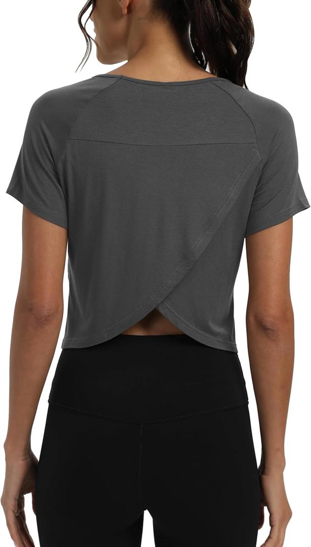 Mippo Workout Tops for Women Cropped Split Back Athletic Gym Exercise Shirts Loose Fit (Medium, Dark Gray)